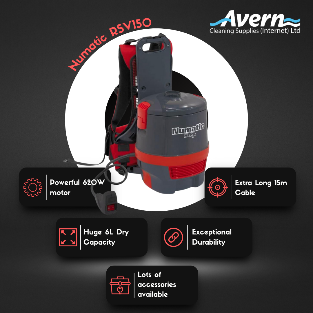 Numatic RSV150 commercial backpack vacuum cleaner feature overview