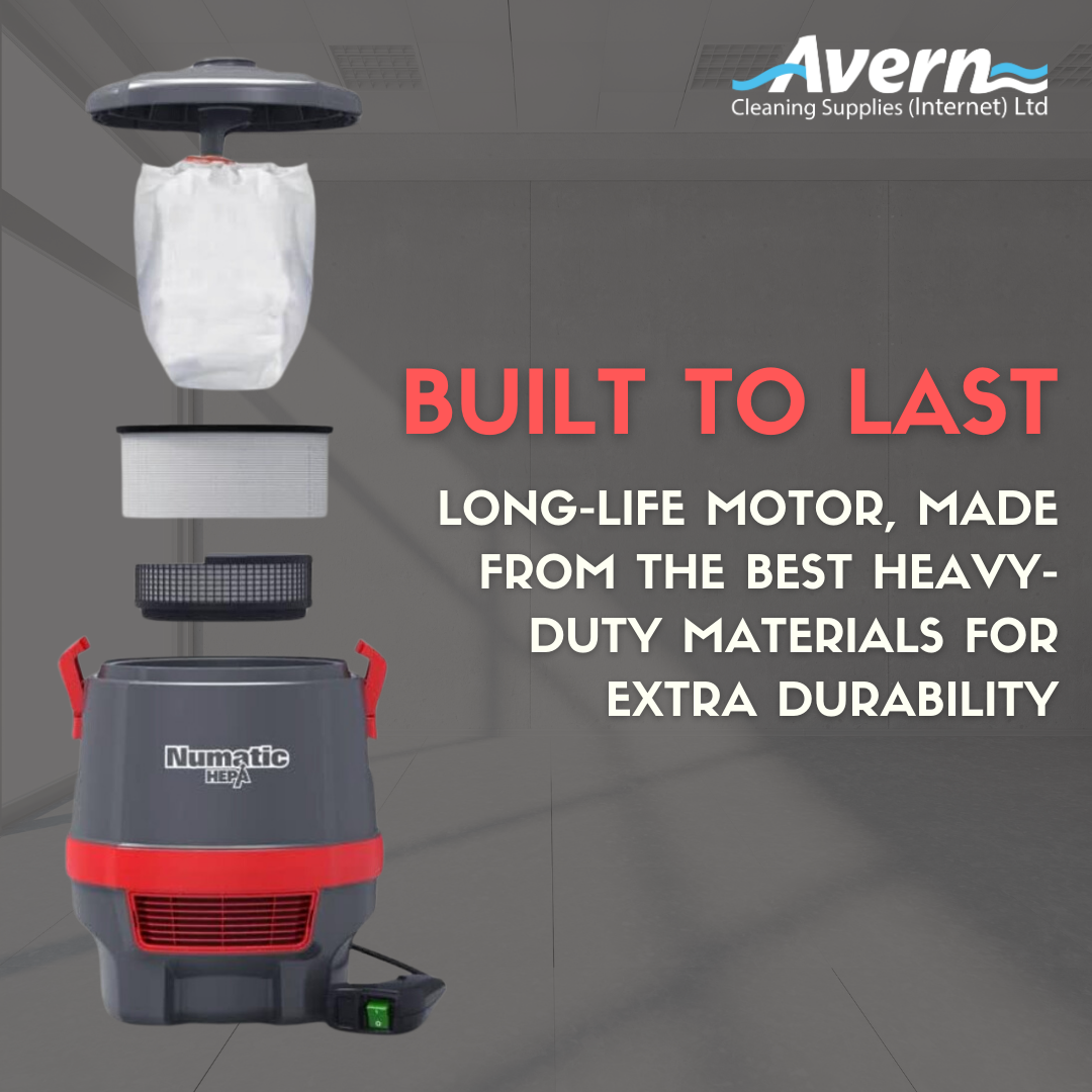 Side and rear view of Numatic RSV150 commercial backpack hoover