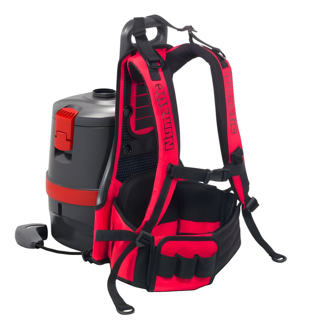 Rear view of Numatic RSV150H medical-grade backpack vacuum cleaner showing harness and filter housing