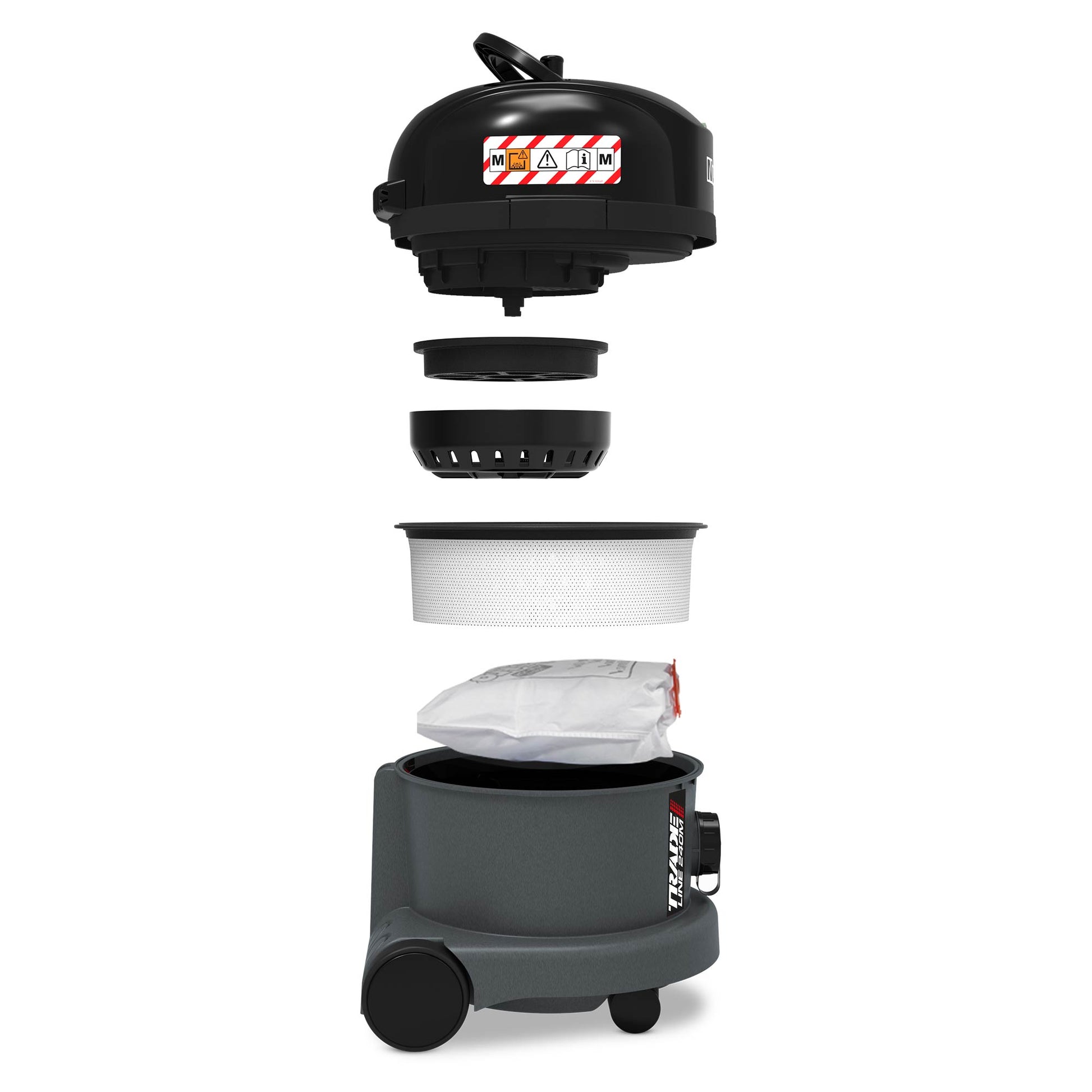 Exploded view of Numatic TRM240 filtration system with multi-stage HEPA H14 filter assembly