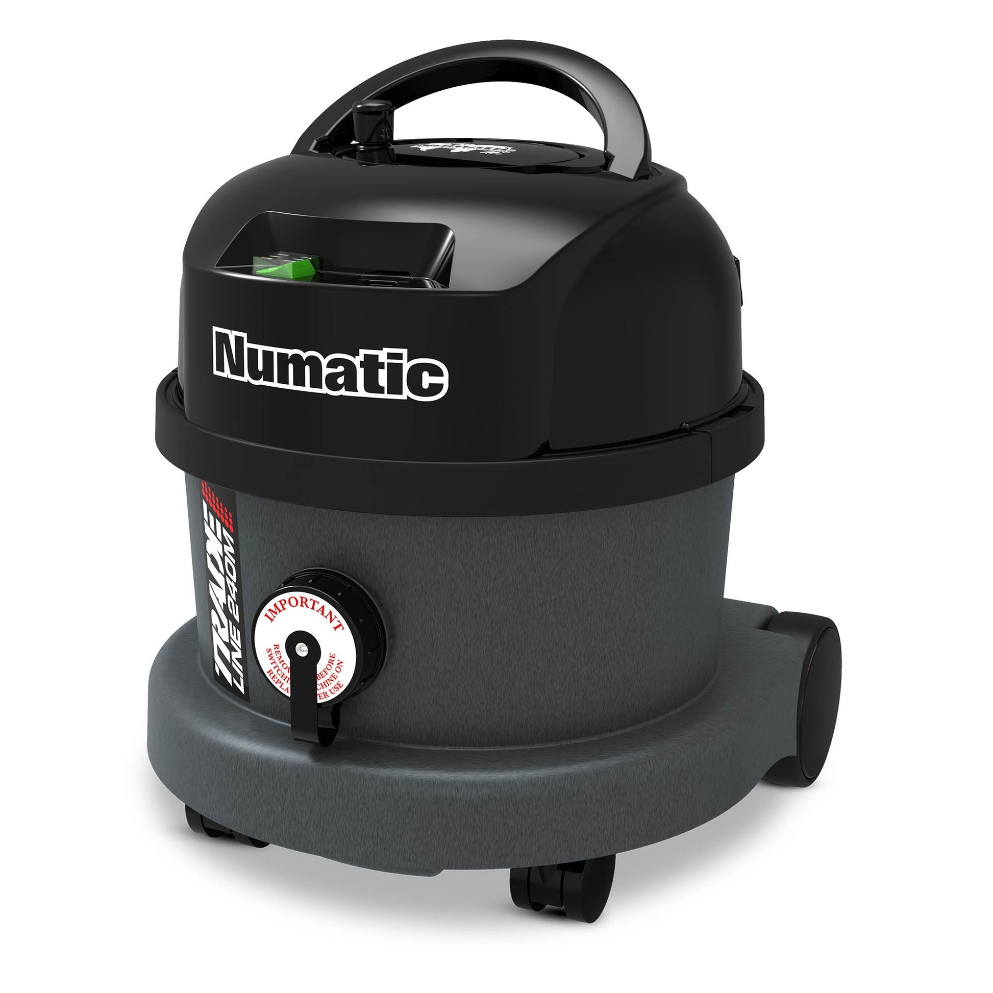 Side view of Numatic TRM240 showing hose port, motor head and compact drum design