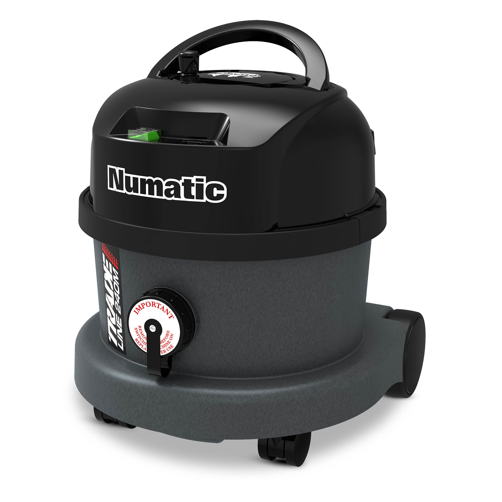 Side view of Numatic TRM240 showing hose port, motor head and compact drum design