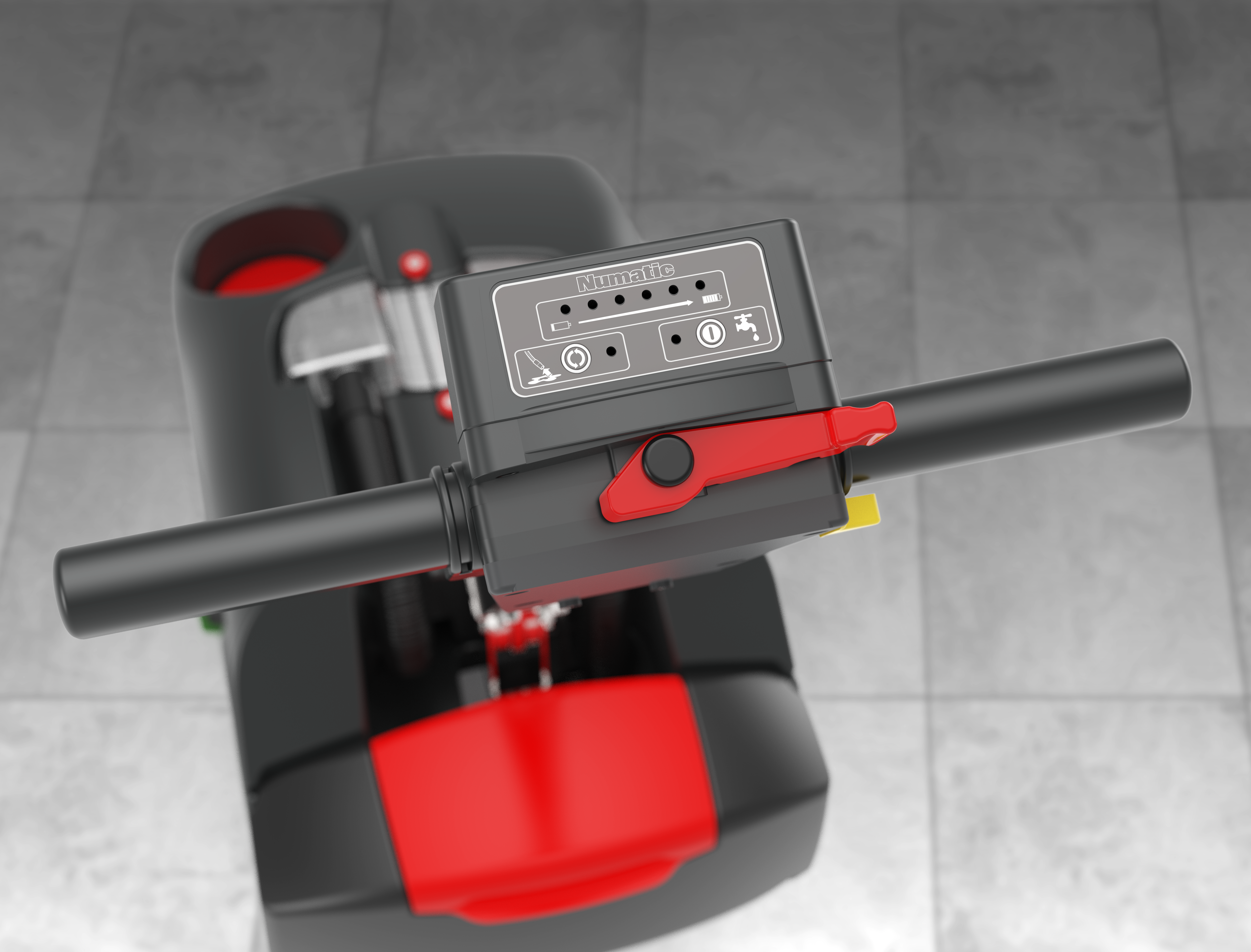 Control handle and operator controls on Numatic TTB1840NX battery floor scrubber