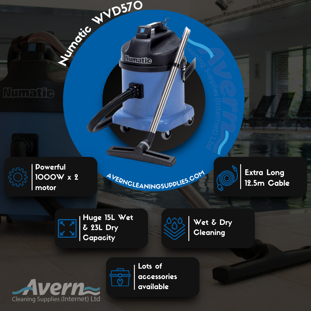 Feature diagram of the Numatic WVD570 industrial wet and dry vacuum cleaner