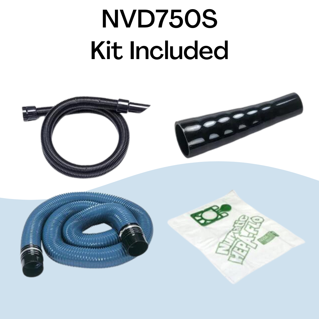 Kit included with the Numatic NVD750S industrial dust extractor showing hoses, tools, and dust bags