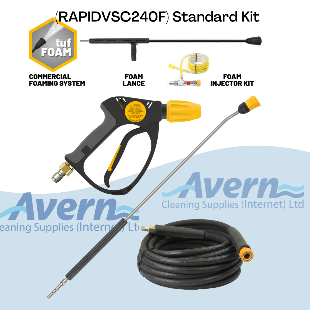 Standard trigger gun, lance, and high-pressure hose kit supplied with the RAPID VSC240F hot jet wash