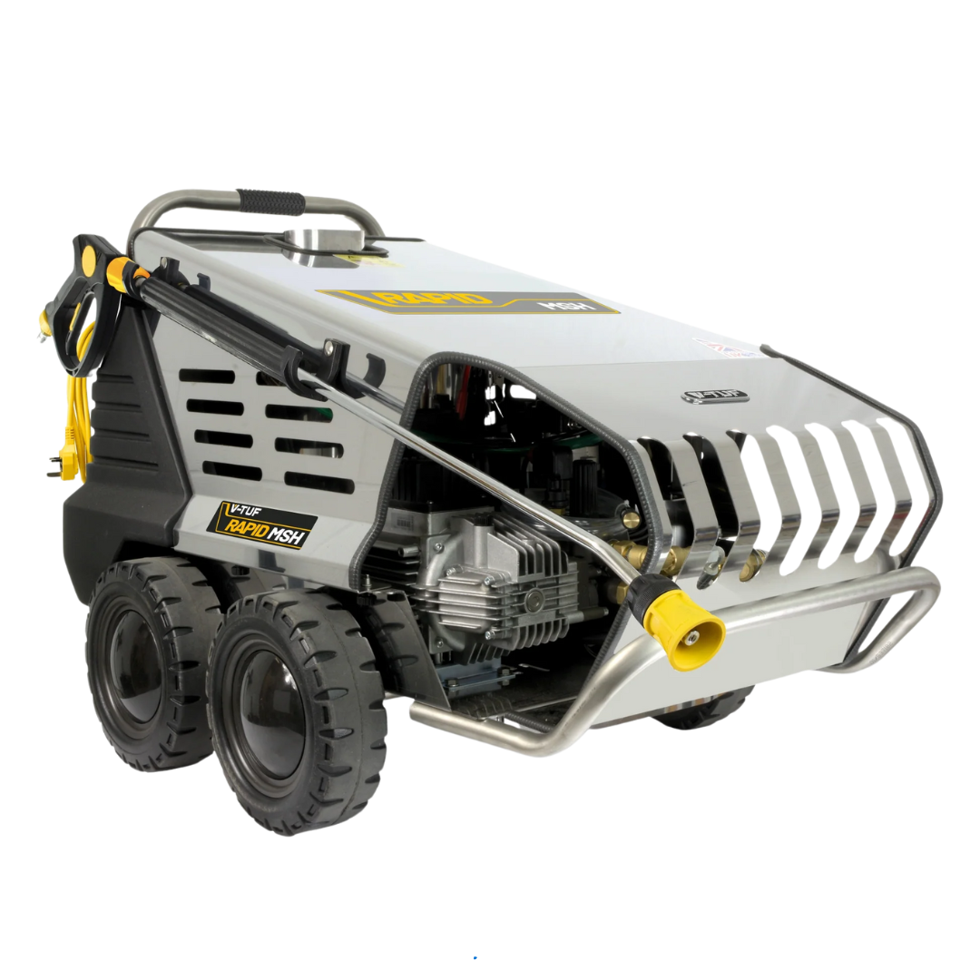 RAPIDMSH industrial electric hot water pressure washer with 9L/min flow rate and stainless steel protective frame