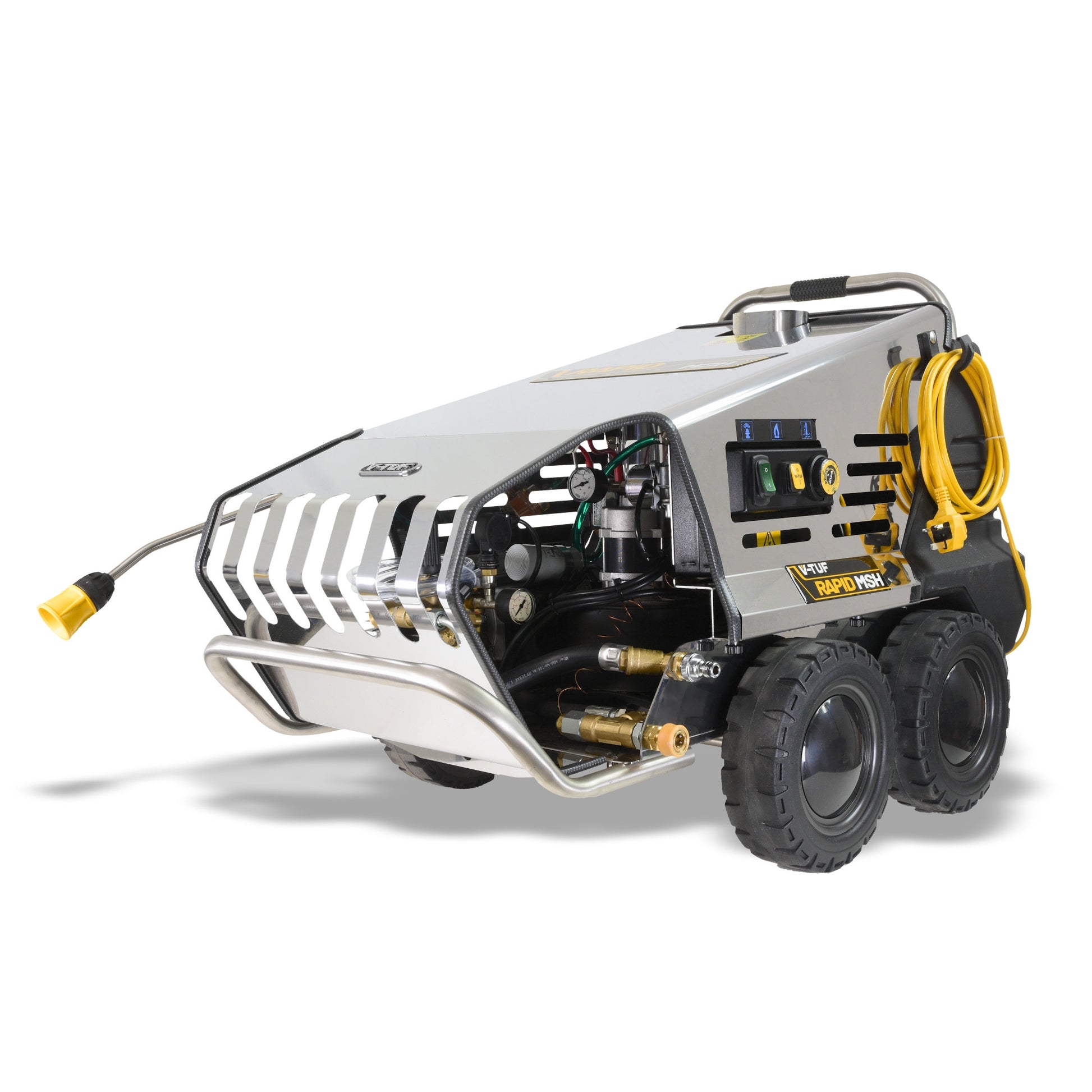 Side view of RAPIDMSH electric hot pressure washer showing control panel and heating coils