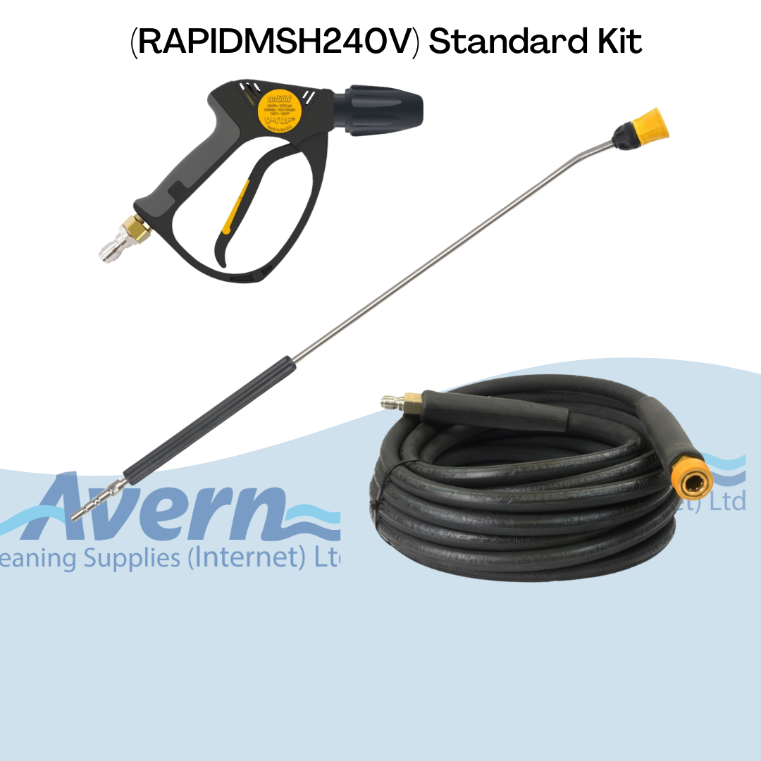 Standard lance, trigger gun, and high-pressure hose kit supplied with RAPIDMSH electric hot jet wash