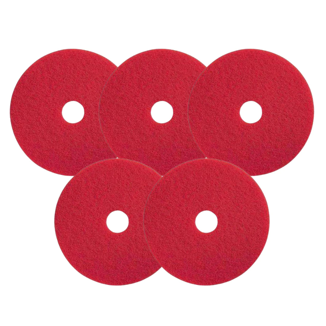 Set of 5 red polishing and buffing pads for daily maintenance of vinyl or tile floors