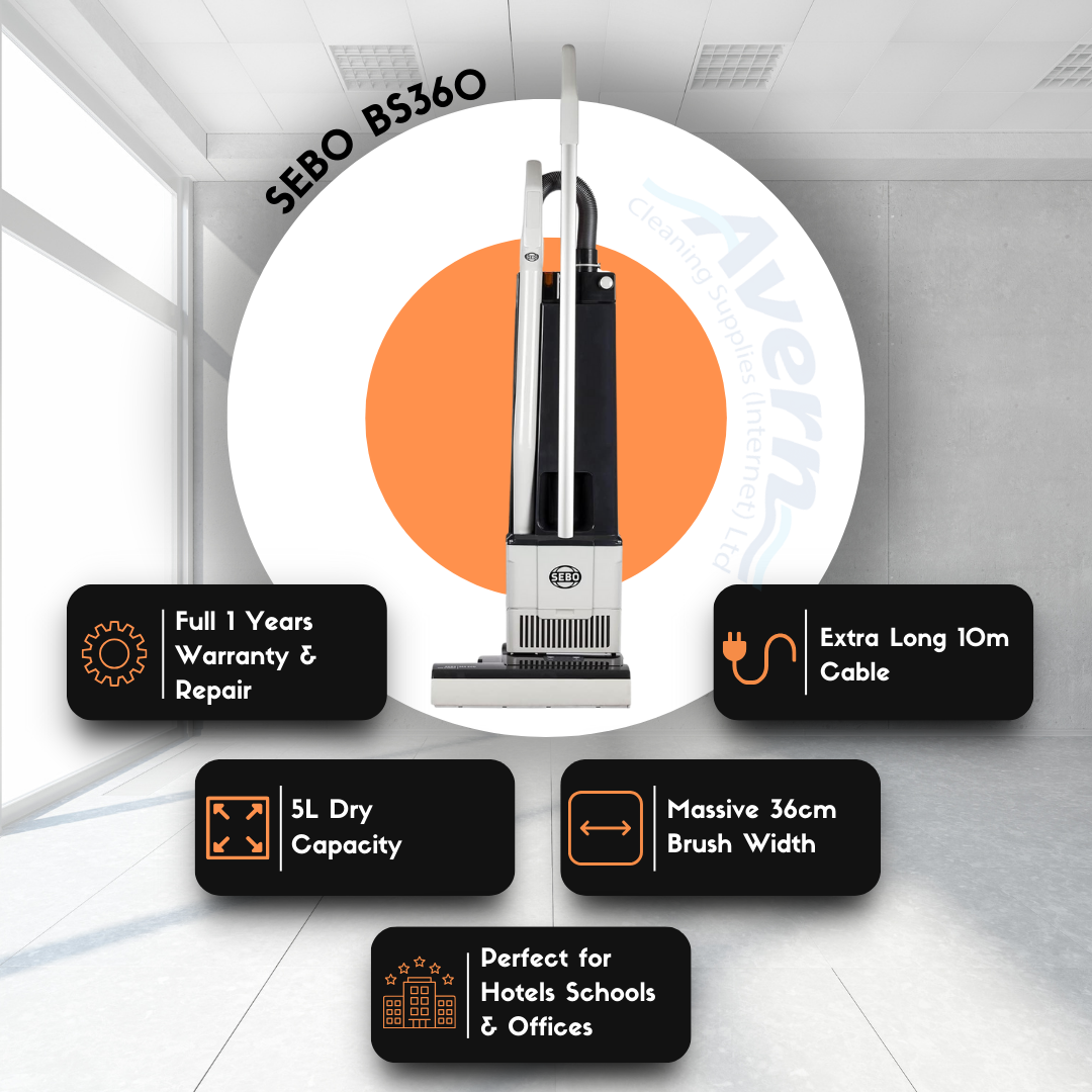 SEBO BS360 upright vacuum performance graphic showing 36cm brush width and cleaning coverage