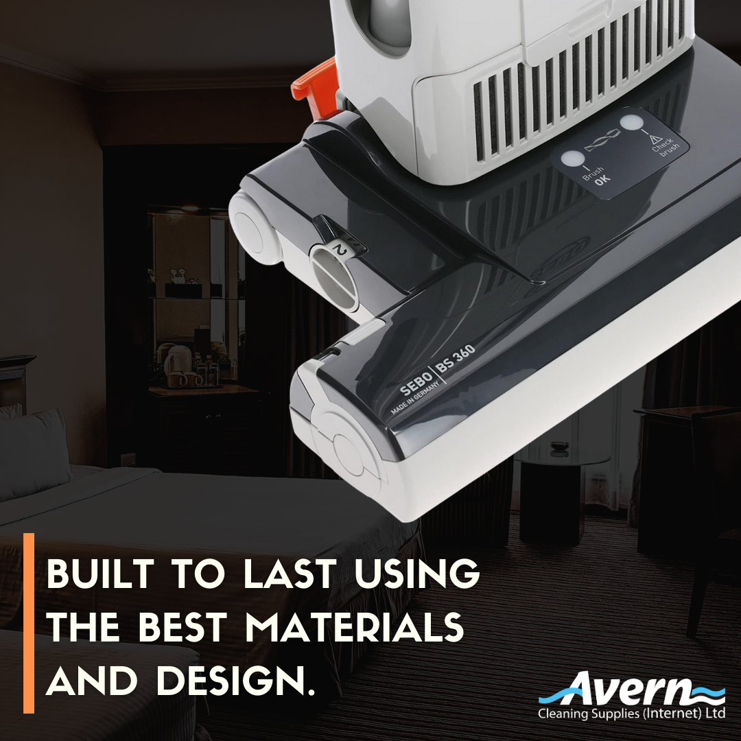 Close-up of SEBO BS360 upright vacuum showing durable construction and heavy-duty materials