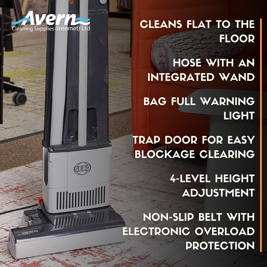 SEBO BS360 commercial upright vacuum specification and performance information graphic