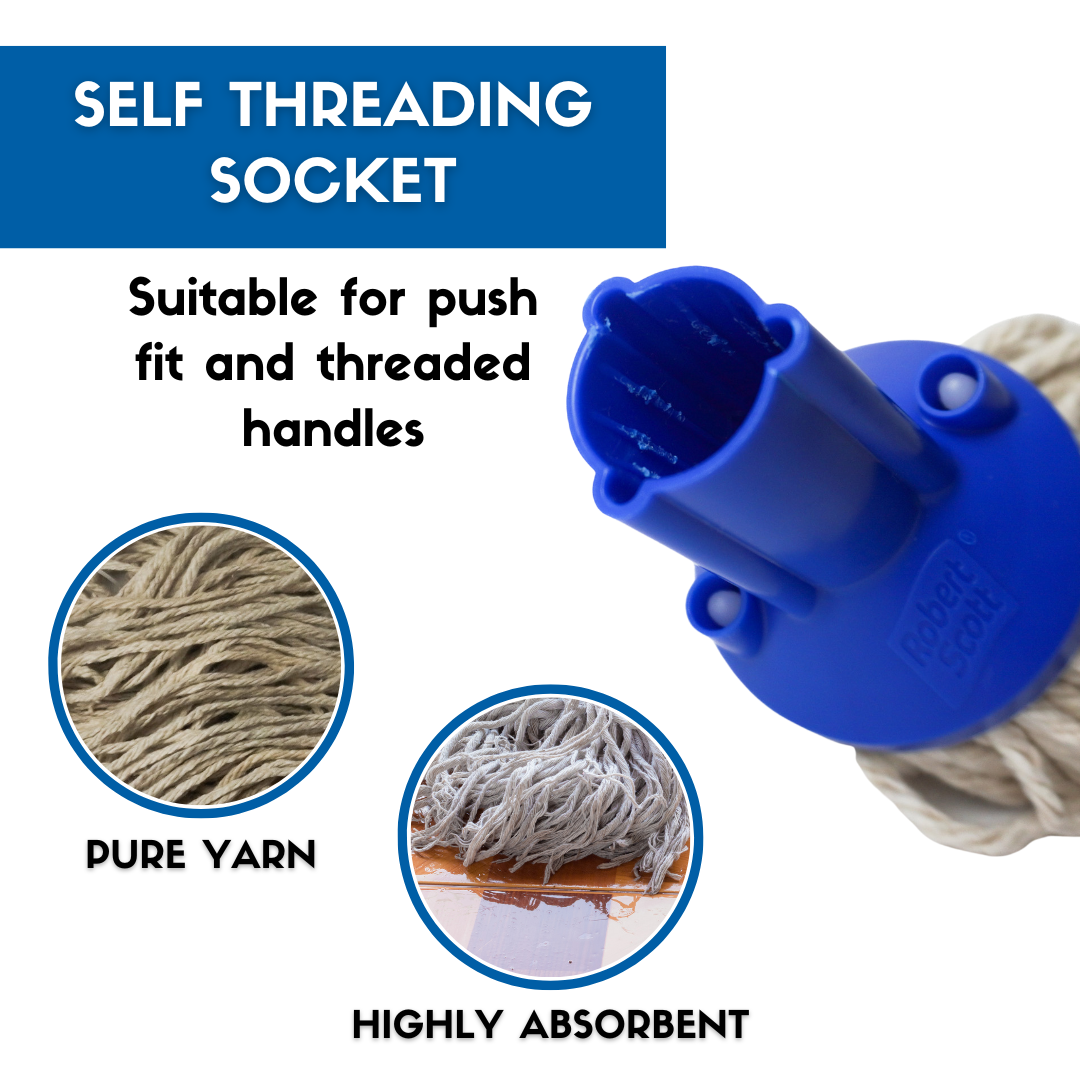 Blue self-threading mop socket showing compatibility with push-fit and screw handles