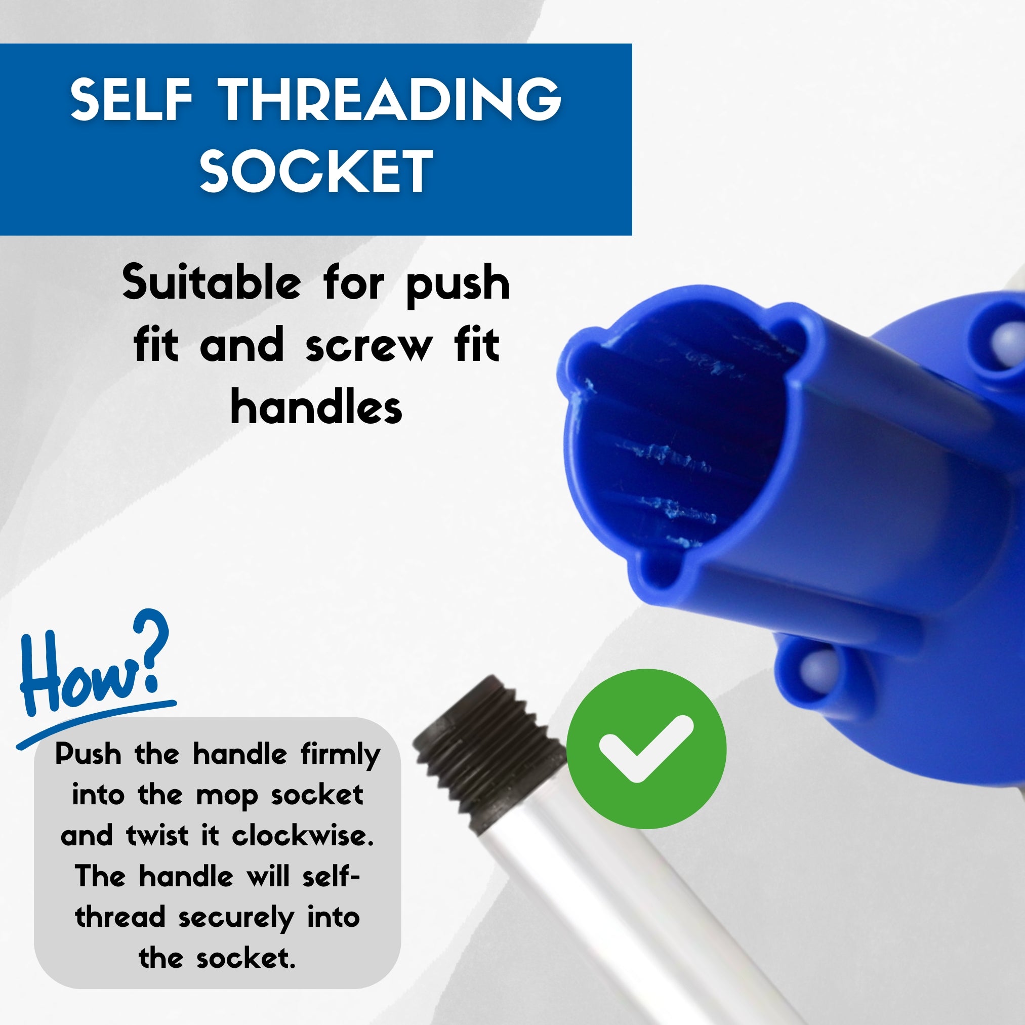 Close-up of blue self-threading mop socket suitable for most handles