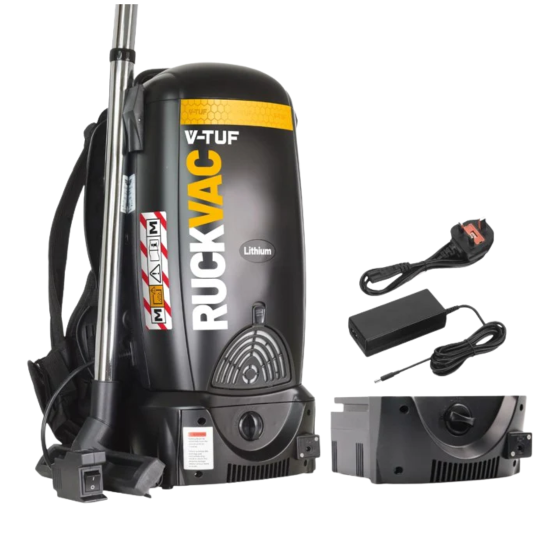 V-TUF cordless M-Class dust extractor with backpack design, stainless steel wand and battery-powered motor