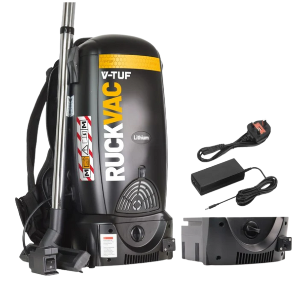 V-TUF cordless M-Class dust extractor with backpack design, stainless steel wand and battery-powered motor