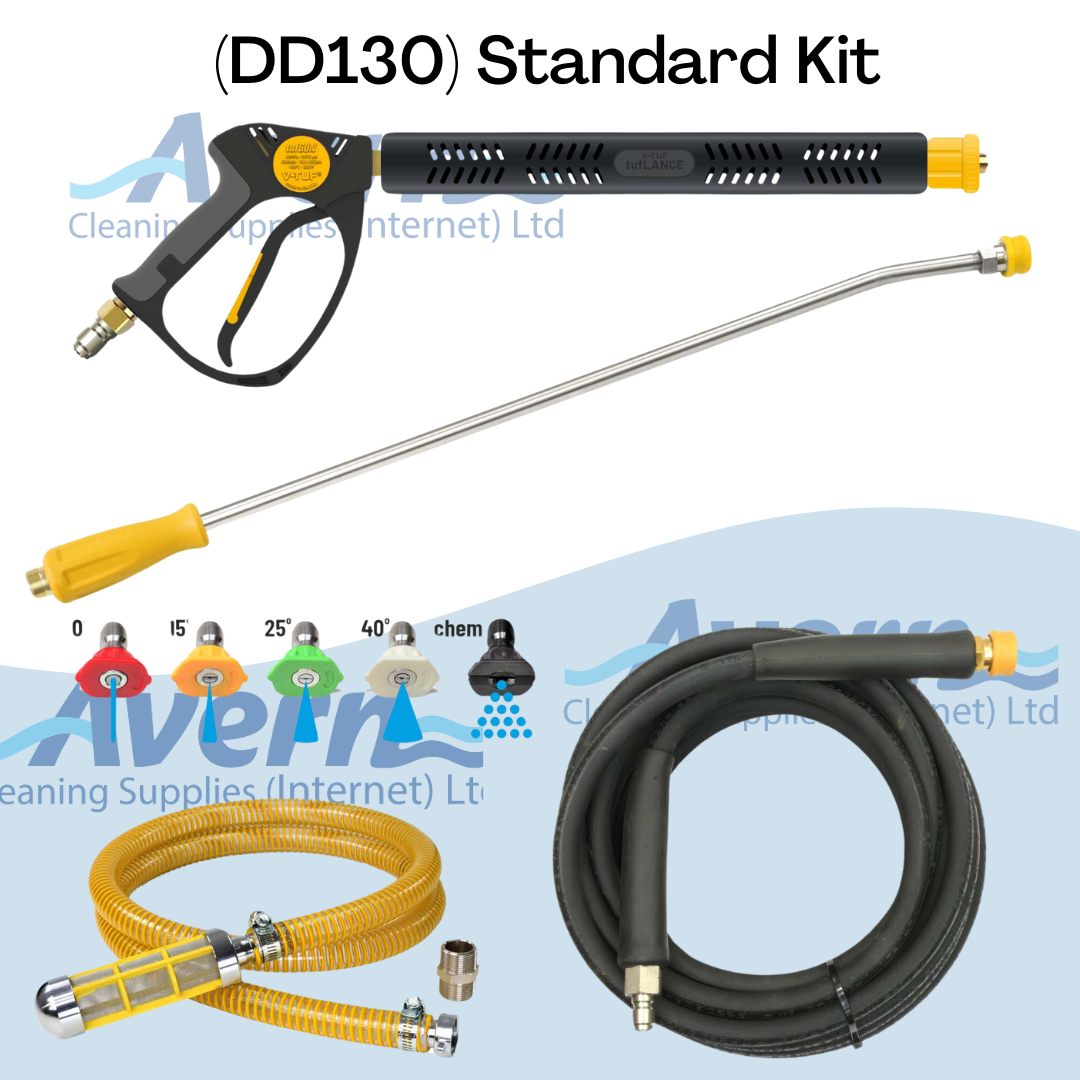 V-TUF DD130 petrol pressure washer standard kit including hose lance trigger gun and nozzles
