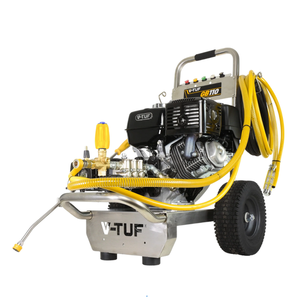 V-TUF GB110 industrial jet wash with 13HP petrol engine delivering 3000 PSI and 21 L/min for commercial cleaning