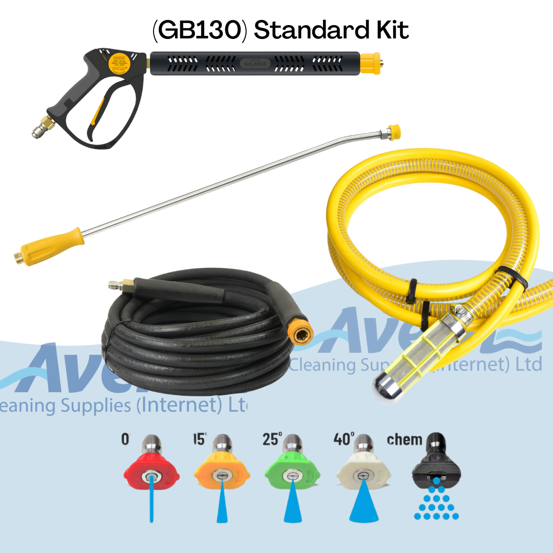 Standard trigger gun, lance, and high-pressure hose kit supplied with the V-TUF GB130 jet wash