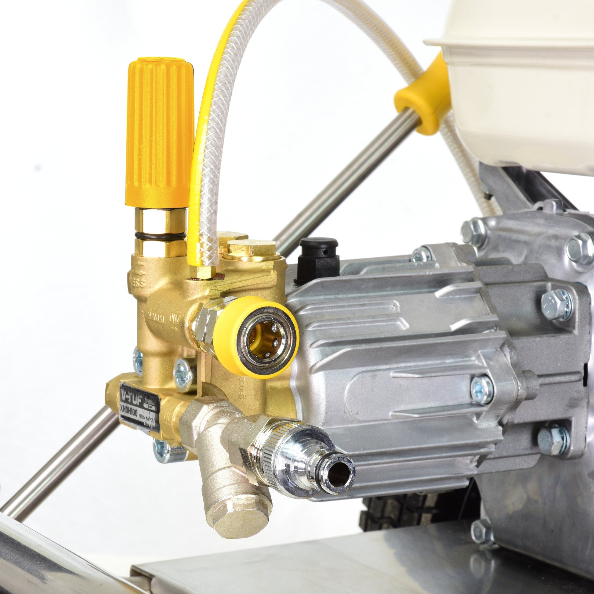 Detailed view of commercial-grade pump assembly on V-TUF GPT200 industrial jet washer