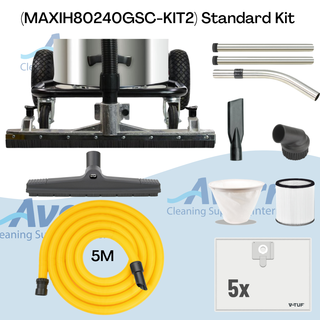V-TUF MAXIH80240GSC-KIT2 accessory kit including hose, wands, nozzles, and H-Class certified filters