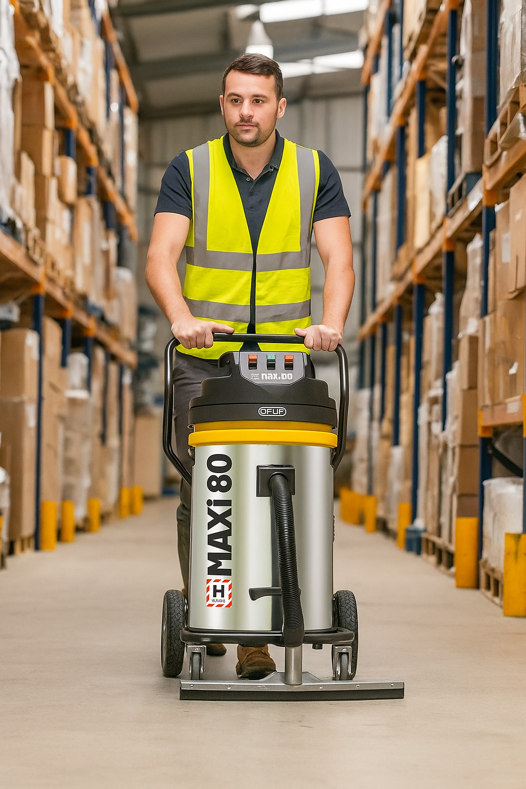 Operator using V-TUF MAXIH80240GSC-KIT2 H-Class extractor for heavy-duty warehouse dust cleaning
