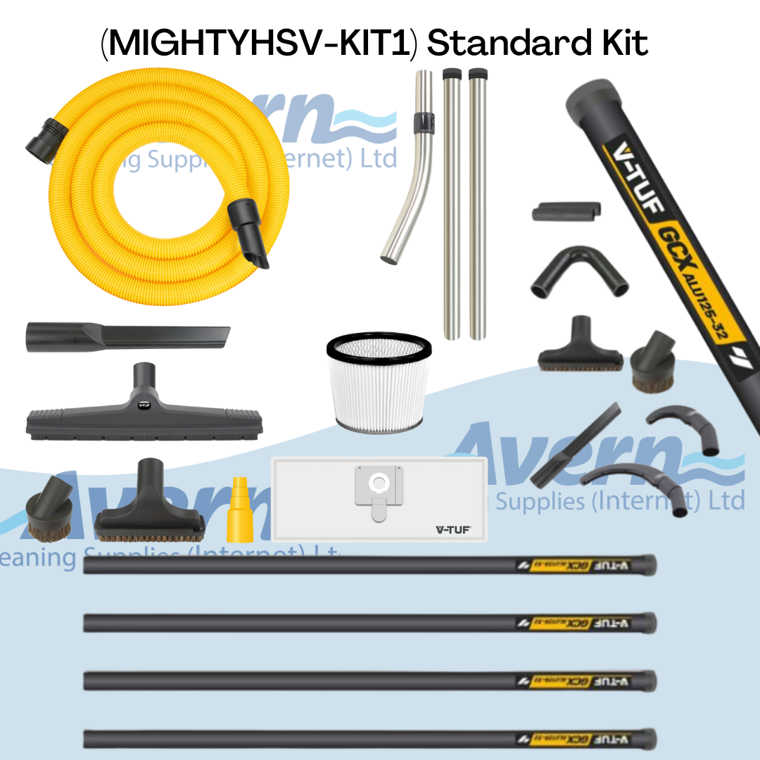 Accessory kit for V-TUF Mighty M-Class vacuum including hose, extension wands, nozzles and high-level attachments