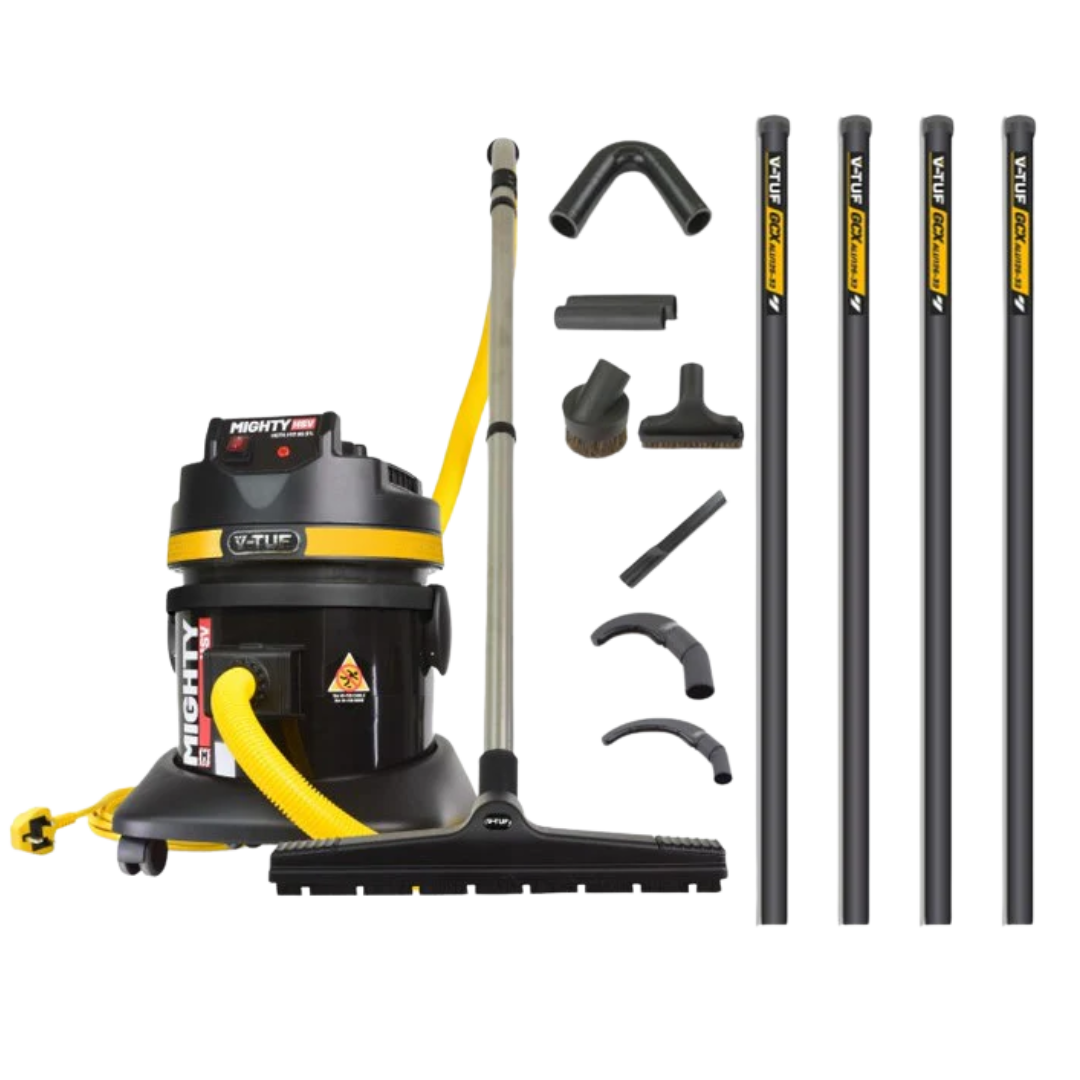 V-TUF Mighty M-Class dust extractor shown with 5m high-level cleaning kit, extension poles and full tool set