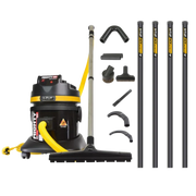 V-TUF Mighty M-Class dust extractor shown with 5m high-level cleaning kit, extension poles and full tool set