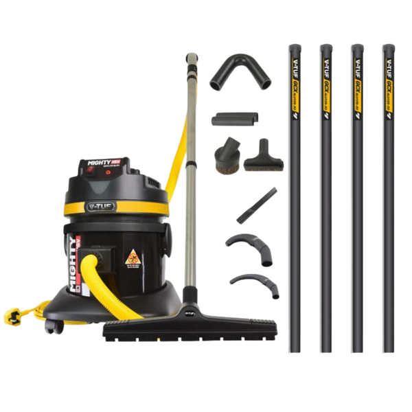 V-TUF Mighty M-Class dust extractor shown with 5m high-level cleaning kit, extension poles and full tool set