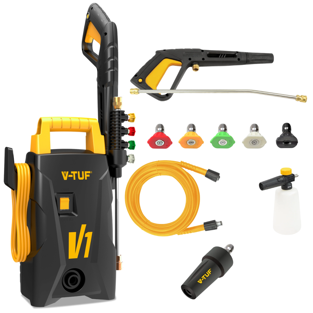 V-TUF V1 Car Jet Wash Machine delivering 1500 PSI / 105 Bar pressure with foam cannon and accessory kit