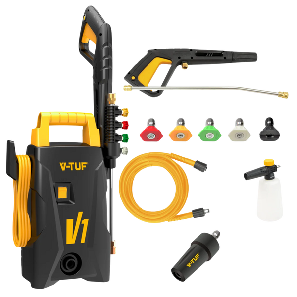 V-TUF V1 Car Jet Wash Machine delivering 1500 PSI / 105 Bar pressure with foam cannon and accessory kit