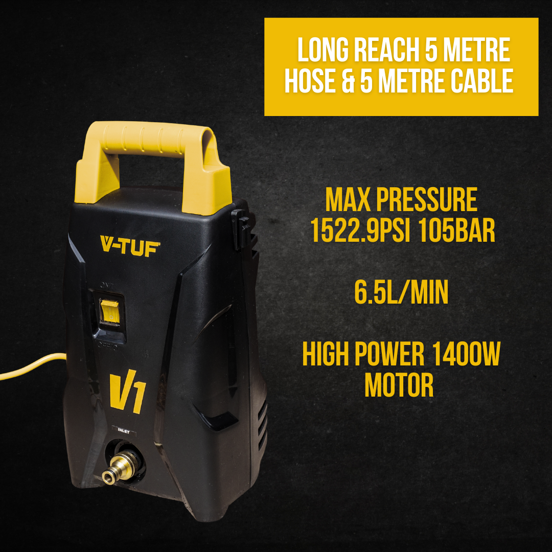 Lightweight and compact V-TUF V1 pressure washer design with integrated hose storage