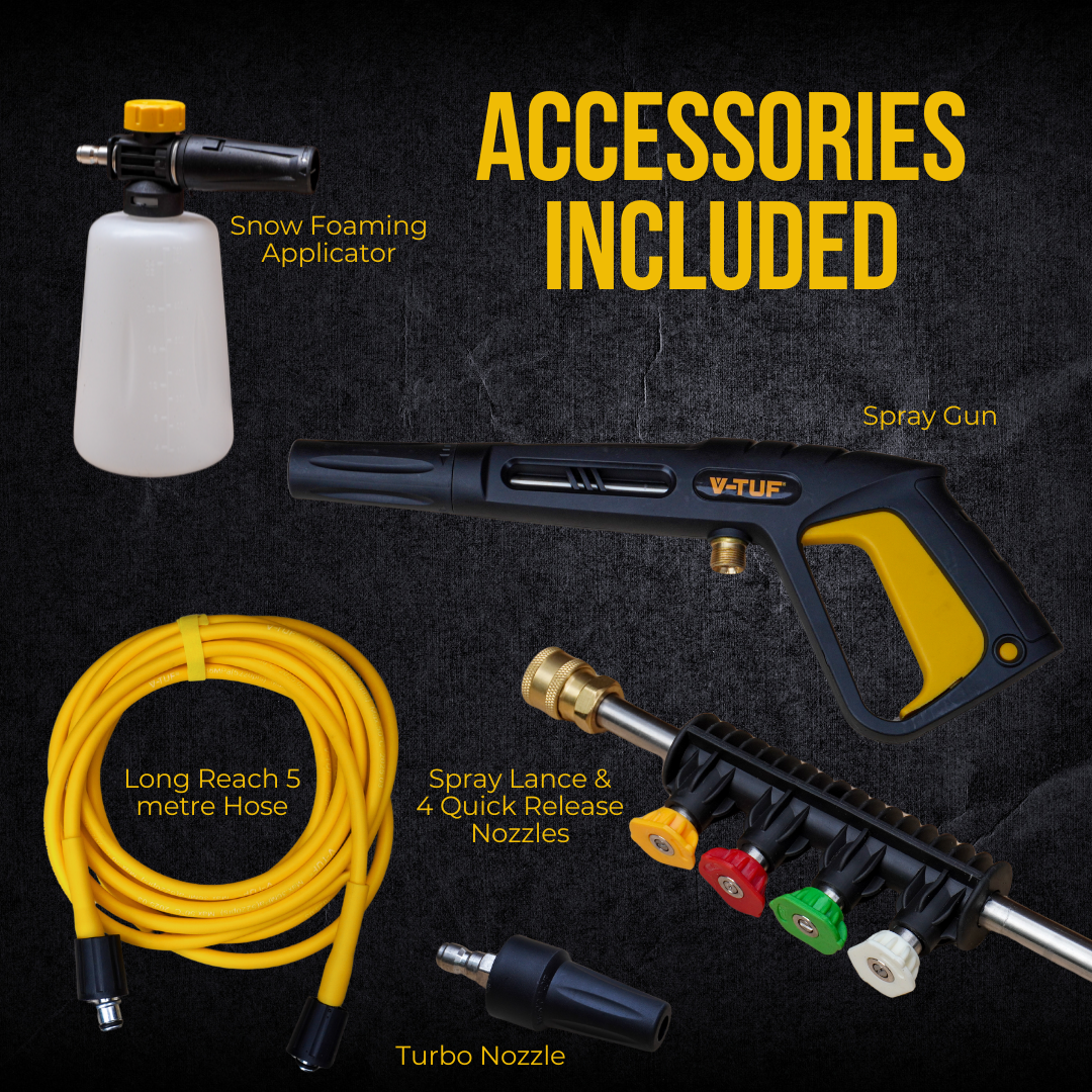 V-TUF V1 pressure washer accessories including foam cannon, hose, spray gun, and quick-connect fittings