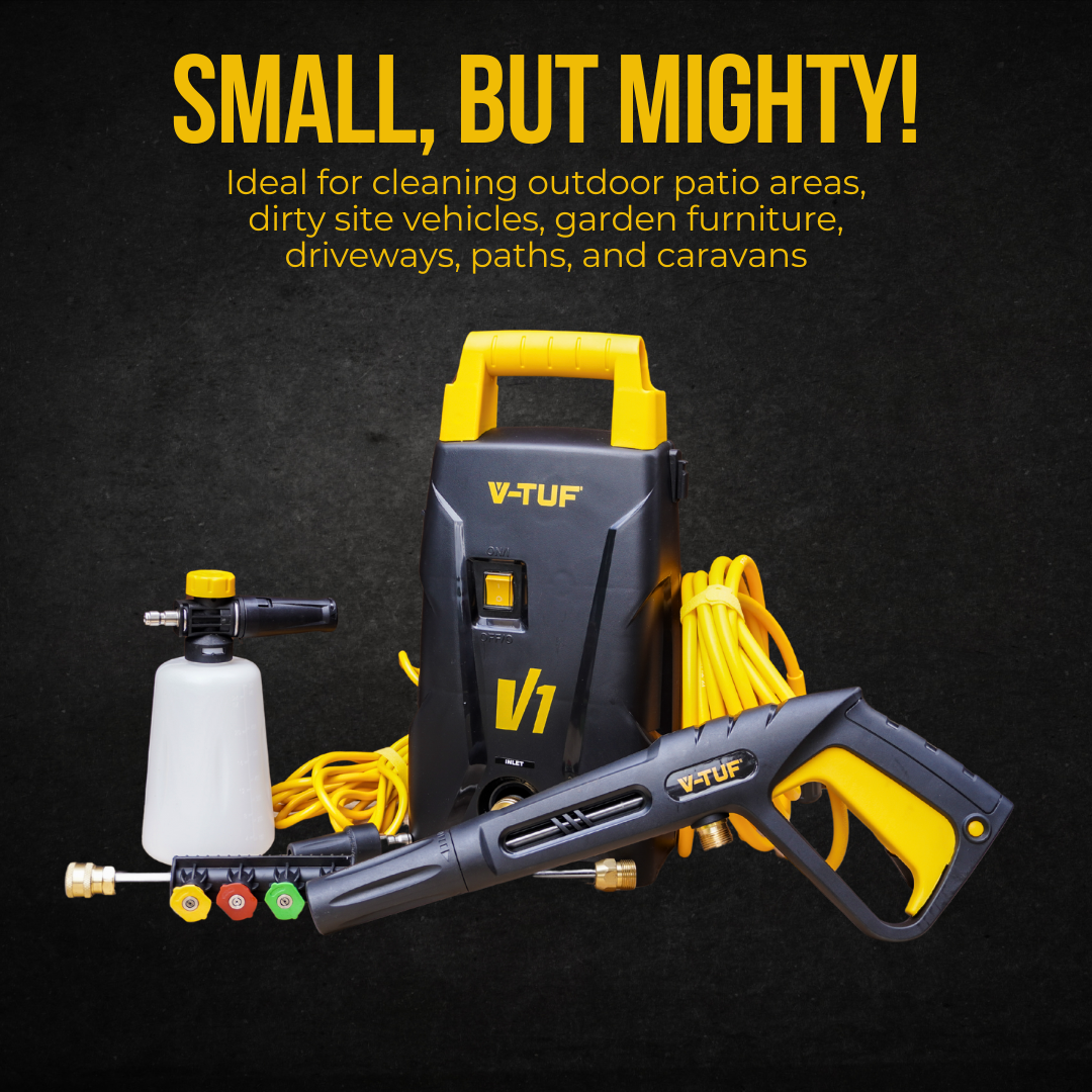 Side view of V-TUF V1 car pressure washer showing handle and hose connection points