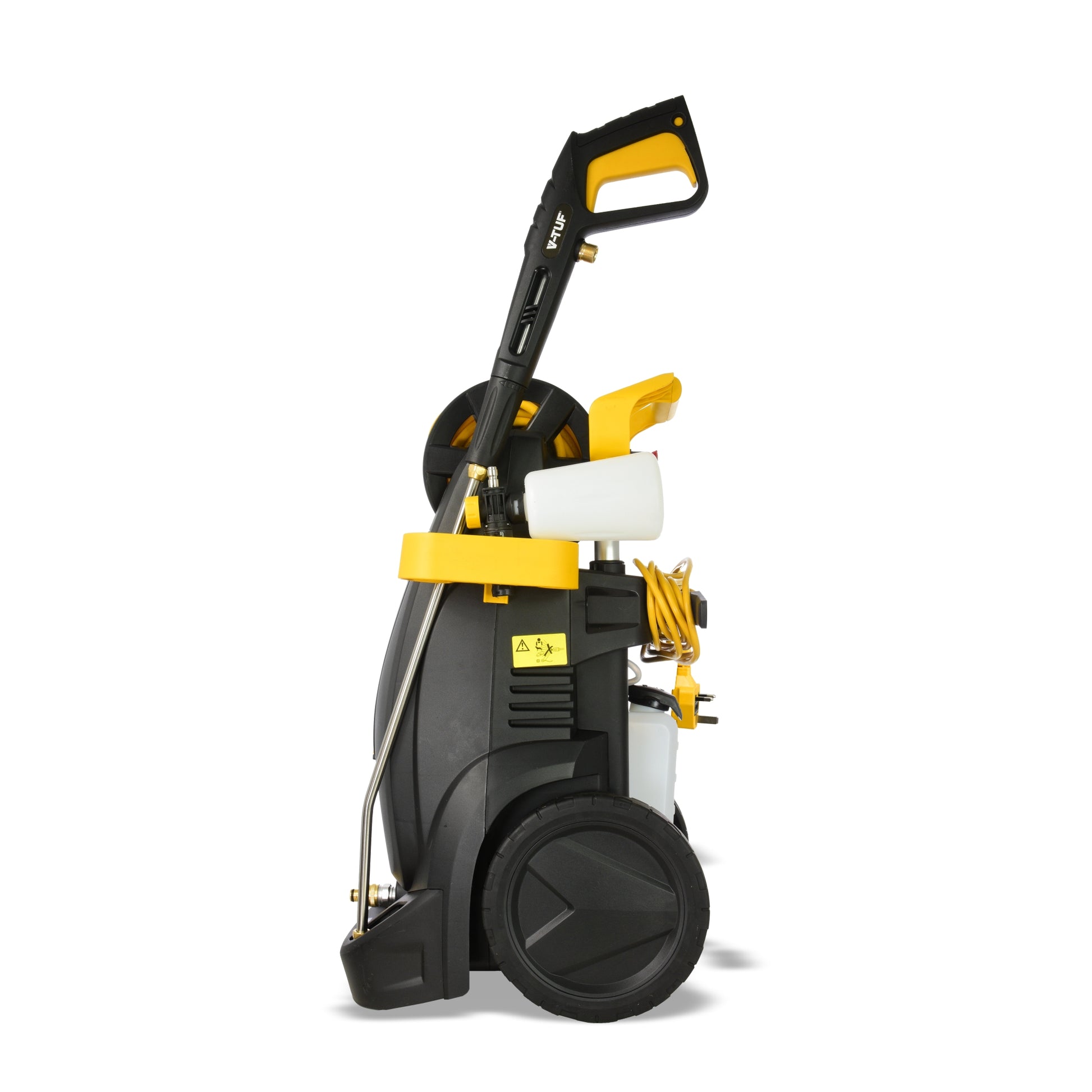 V-TUF V7 pressure washer shown in compact upright position for easy transport and storage