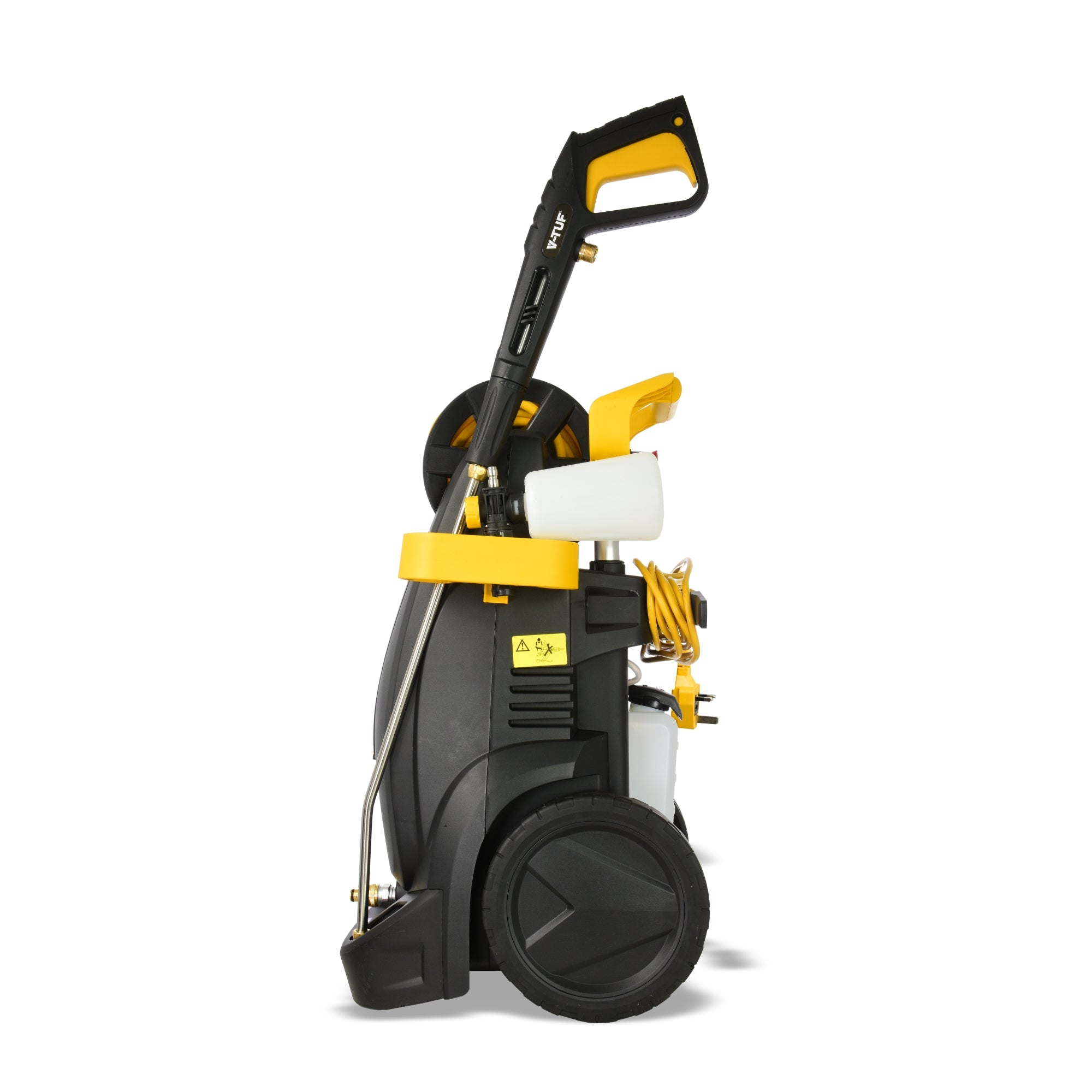 V-TUF V7 pressure washer shown in compact upright position for easy transport and storage