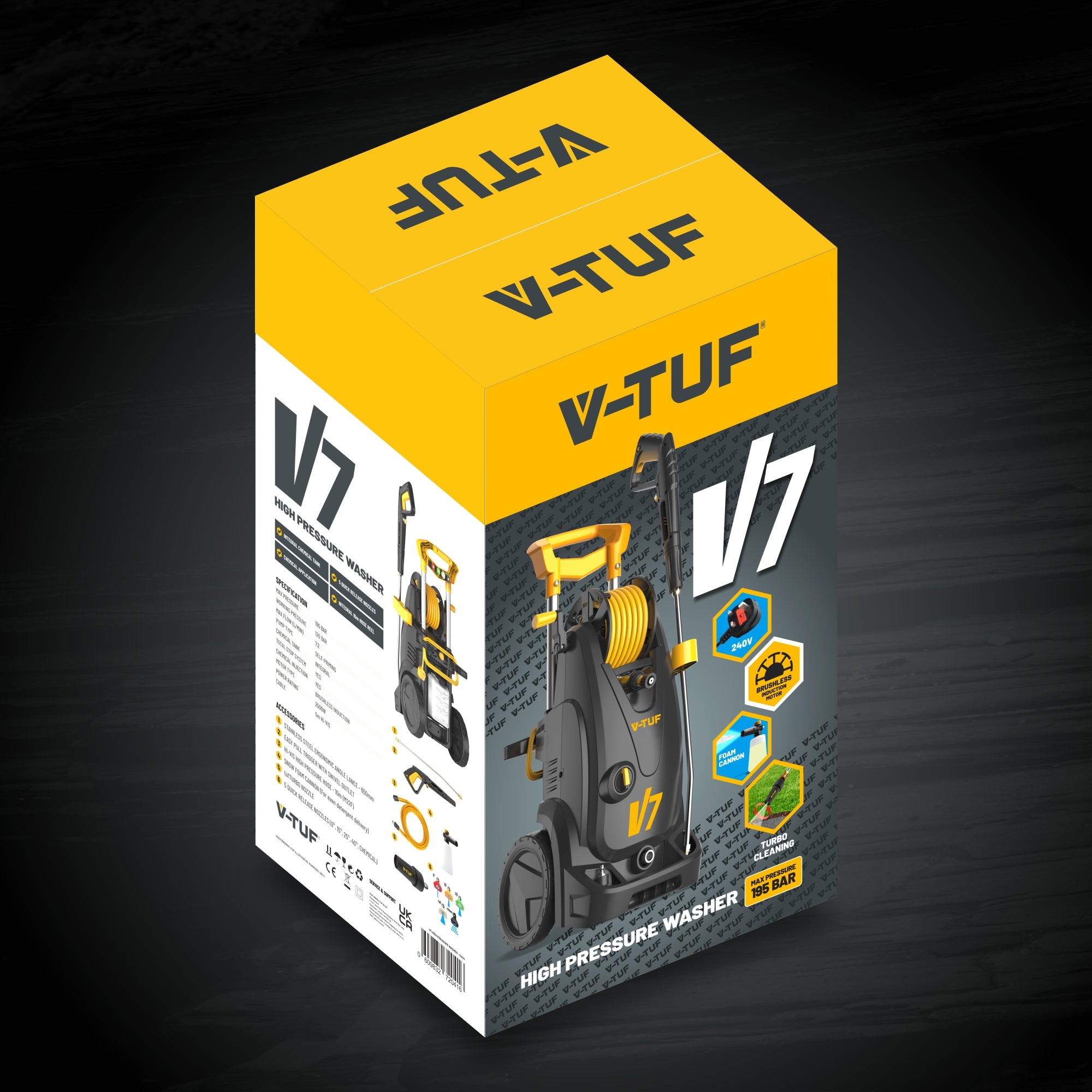 V-TUF V7 commercial pressure washer retail packaging box showing branding and features