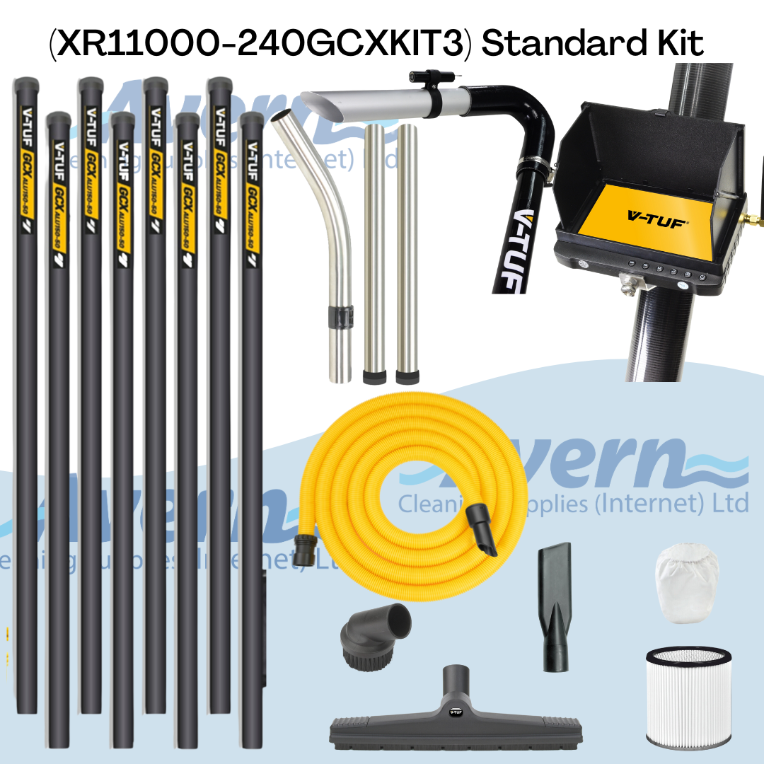 V-TUF XR11000 40FT gutter cleaning kit including poles, flex hose, camera, and nozzle attachments