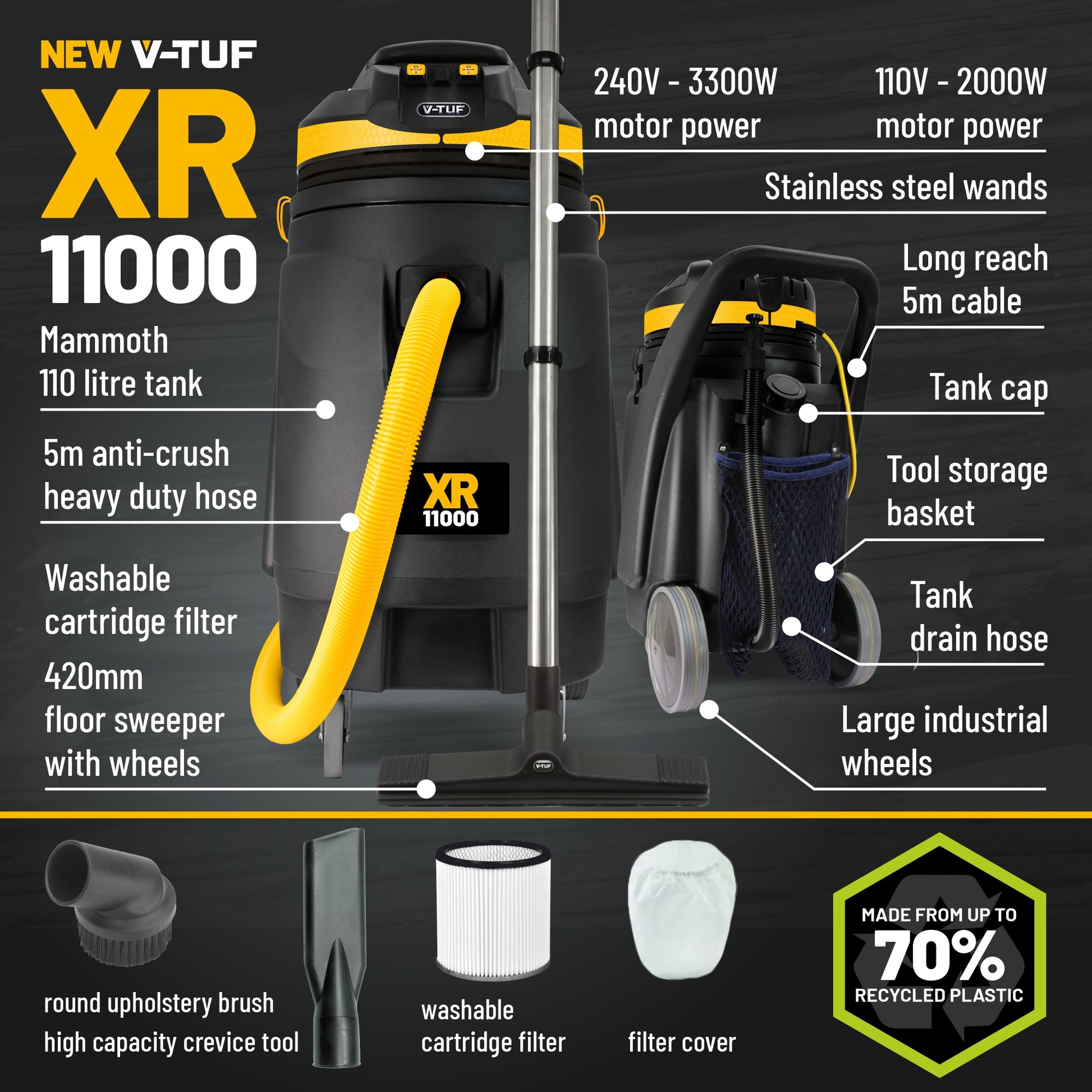 V-TUF XR11000 wet & dry vacuum cleaner showing heavy-duty frame and large transport wheels