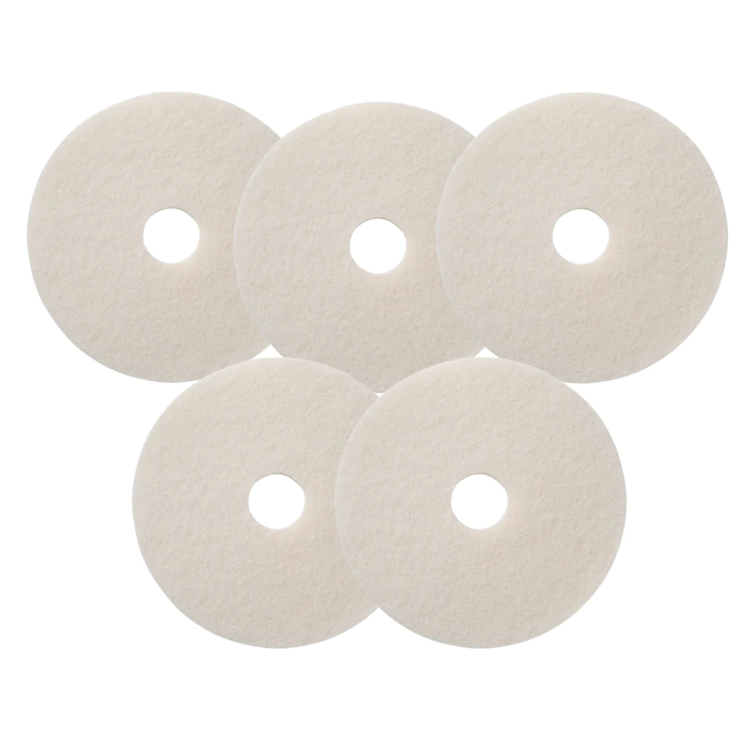 Set of 5 white soft floor pads for high-gloss polishing on clean, finished floors