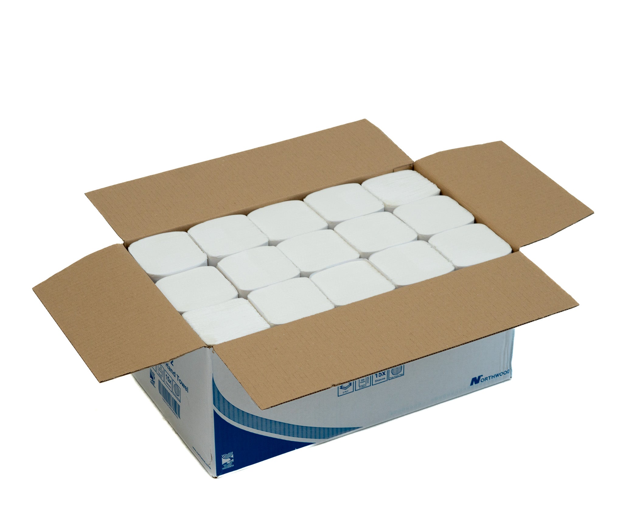 Open carton displaying stacked white interfold paper hand towels
