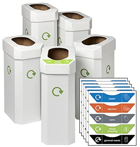 Office Recycling Bins 5 Pack Combin Waste System - 25 Stickers 60L