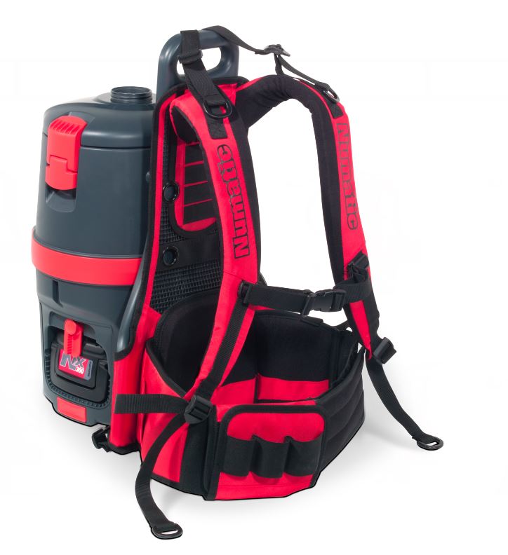 Rear view of Numatic RSB150NX NX300 battery backpack vacuum cleaner showing harness and ergonomic straps