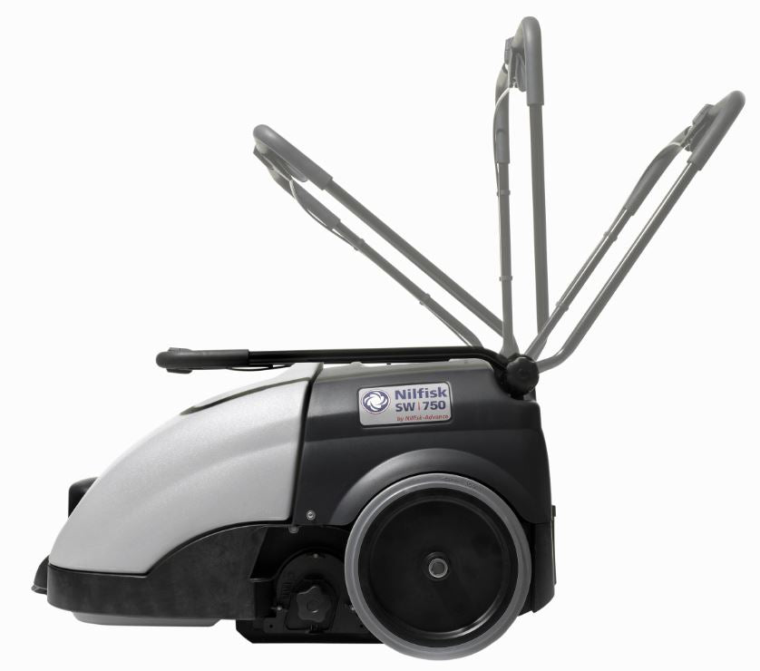 Nilfisk SW750 sweeper with folding handle system for easy transport and space-saving storage