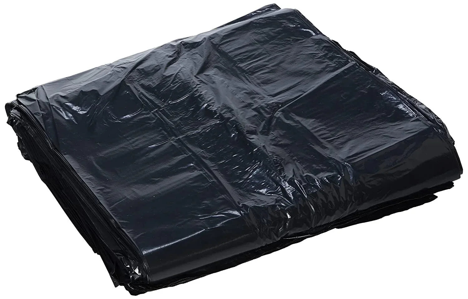Folded stack of heavy duty 280 gauge black bin bags for industrial use