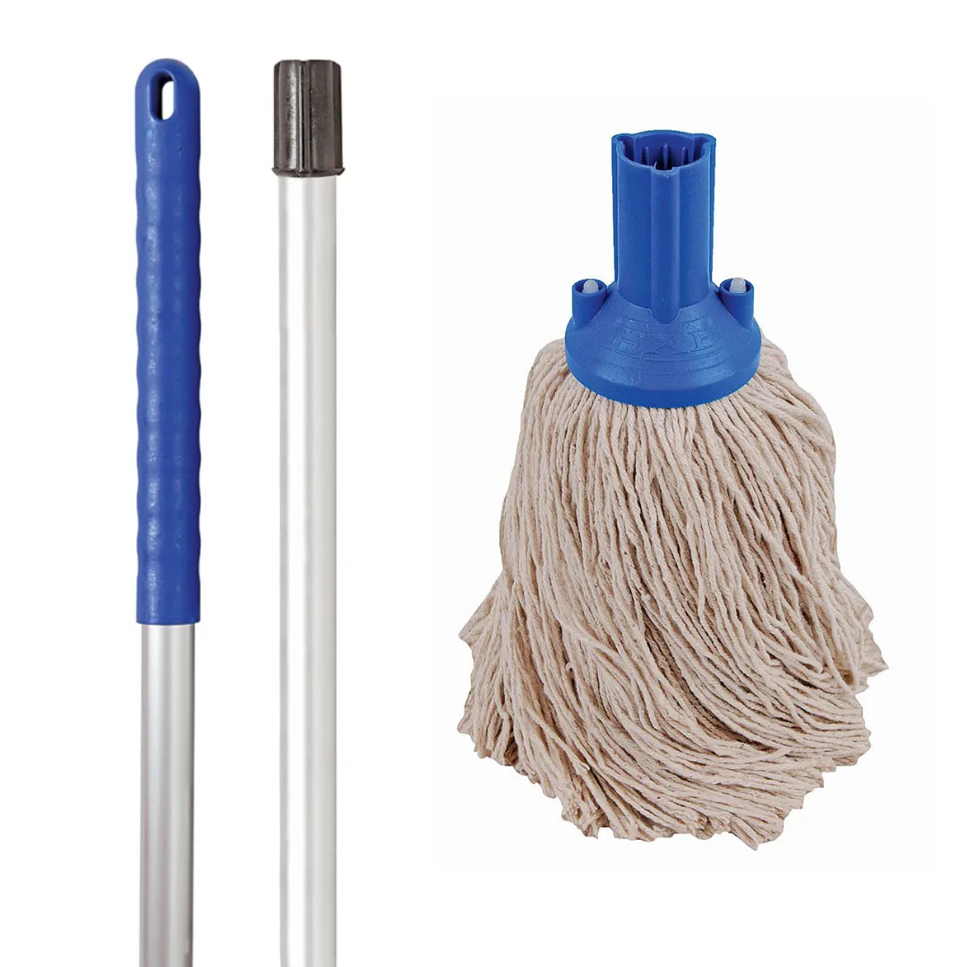 Blue cotton mop and handle set for general commercial cleaning