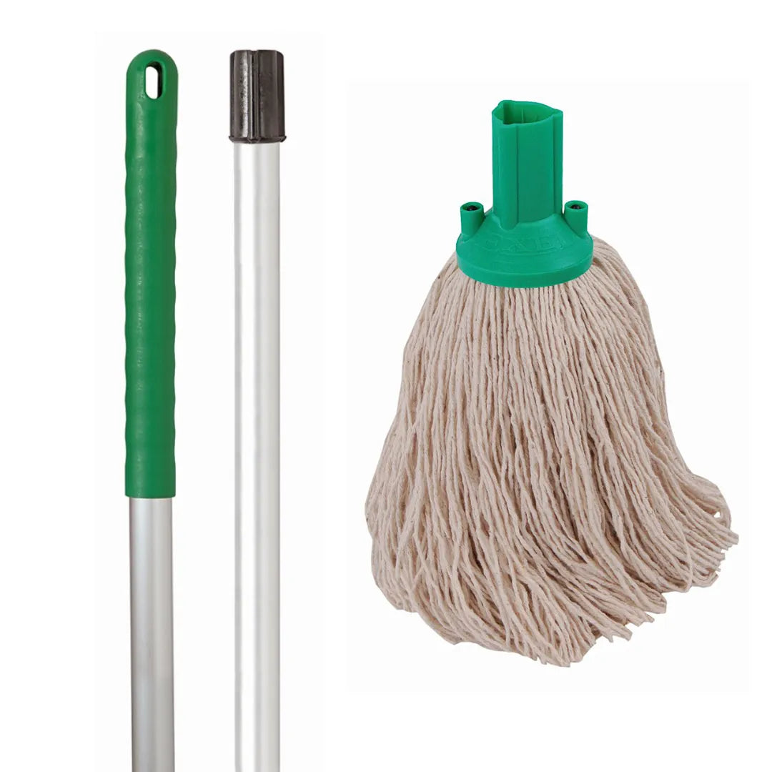 Green-coded cotton mop with aluminium handle for hygiene-segmented cleaning