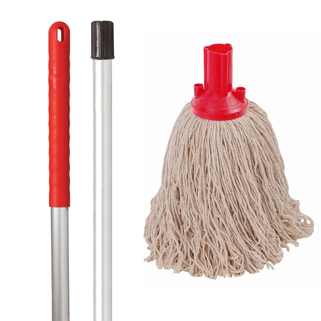 Red cotton mop and handle set for high-risk spill areas and commercial cleaning